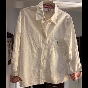 Lilly Pulitzer White Button Down Shirt With Striped Cuffs & Inner Collar, Size L